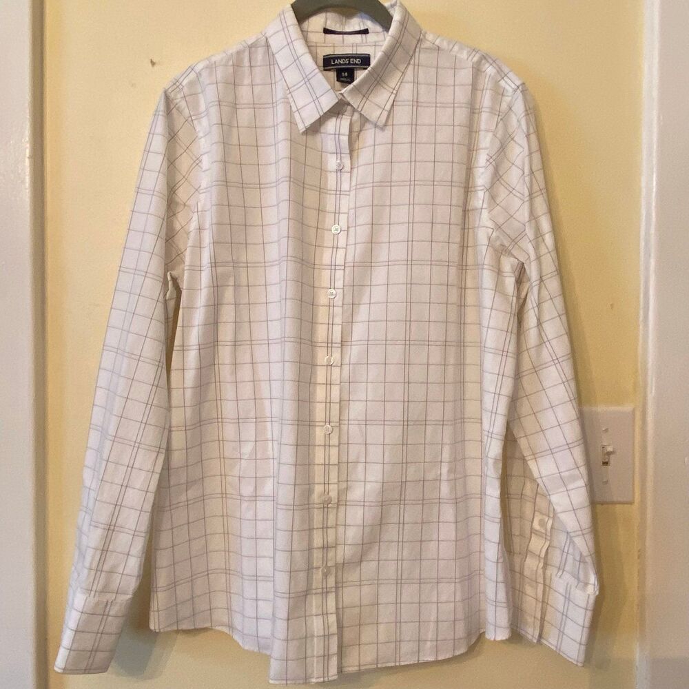 Lands End top womens size 14 White Plaid Button Down Dress Shirt business casual